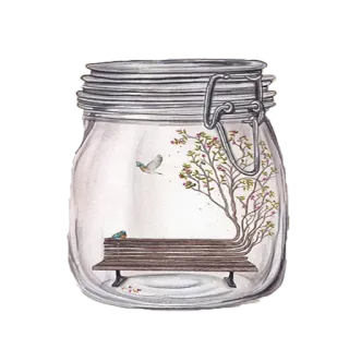 🔮 tarro, banco, árbol, pájaros, naturaleza, dibujo, ilustración, pacífico telegram sticker
