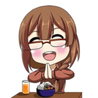 😄 Anime, Cartoon, Niedlich, Mädchen, Chibi, Kawaii, Brille, Essen whatsapp sticker