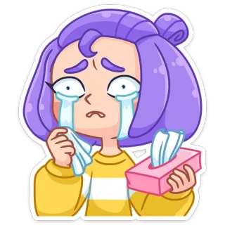 😭 piangere, triste, lacrime, arrabbiato, cartoni animati, capelli viola, fazzoletto telegram sticker