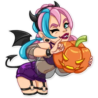 🎃 Dämonenmädchen, Halloween, Kürbis, Cartoon, Teufel, Hörner, Flügel telegram sticker