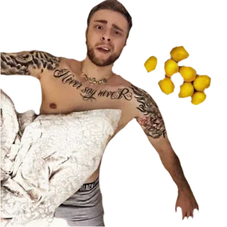 😯 Never Say Never Tatuagem, Homem, Sem camisa, Limões, Cama telegram sticker