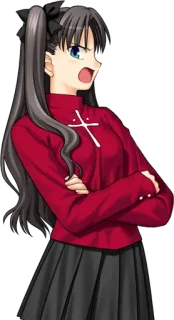 🤬 Rin Tohsaka Fate/stay night anime, chica, camiseta roja, enojada, frunciendo el ceño whatsapp sticker