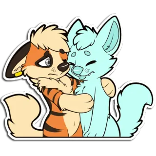 😞 furry, hug, cuddle, friends, anthropomorphic, cartoon, affectionate, digital art telegram sticker