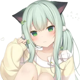 💚 애니메이션 여자, 고양이 귀, 초록 머리, 귀여운, 카와이 telegram sticker