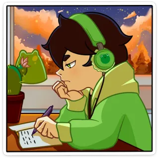 🤔 卡通, 动漫, 写作, 学生, 耳机, 绿色 whatsapp sticker