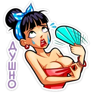 🥵 Душно woman, hot, sweating, cartoon, fan, russian, heat whatsapp sticker