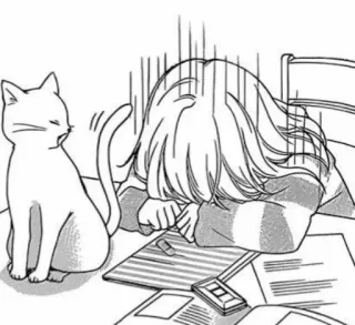 😖 anime, gato, mujer, mesa, papel, cansado, dolor de cabeza whatsapp sticker