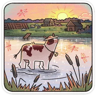 🌅 牛, 田舎, 農場, 夕焼け, 湖, 田園, 自然, トンボ telegram sticker