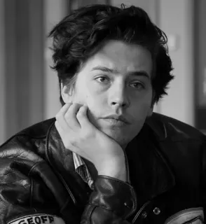 ☁ GEOFF Cole Sprouse, Ator, Preto e branco, Retrato, Homem, Jaqueta de couro telegram sticker