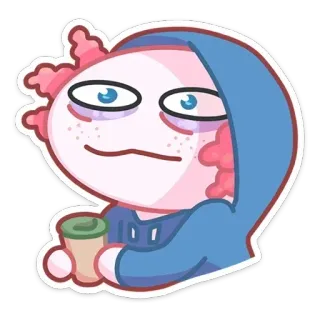 😐 axolotl, cartoon, coffee, hoodie, sleepy, cute telegram sticker