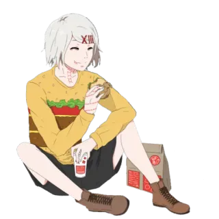 😋 Juuzou Suzuya Tokyo Ghoul Аниме, Еда, Персонаж, Токийский Гуль, Джузо Сузуя, Бургер, Сидящий telegram sticker