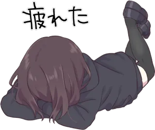😩 疲れた animé, fille, fatiguée, allongée, cheveux bruns whatsapp sticker