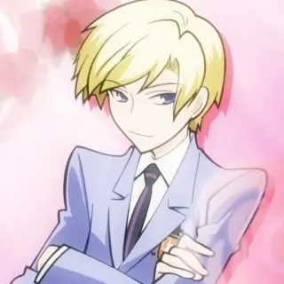 🥴 Tamaki Suoh Ouran High School Host Club Anime, blond włosy, fioletowe oczy, garnitur, host club, romans telegram sticker