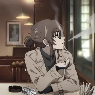 💈 动漫, 吸烟, 香烟, 女人, 外套, 咖啡厅 telegram sticker