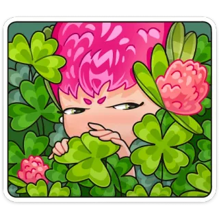 👀 โคลเวอร์, ดอกไม้, ผมสีชมพู, ตา, น่ารัก, ใบไม้, ภาพประกอบ telegram sticker