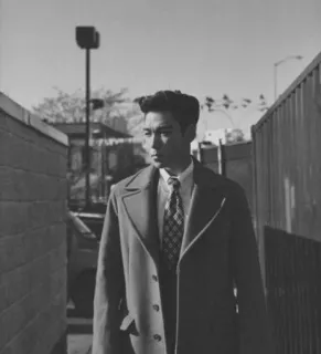 🏴 man, coat, tie, alleyway, vintage, monochrome, portrait, fashion telegram sticker