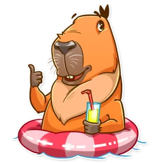 👍 คาปิบารา, การ์ตูน, สัตว์, ห่วงยาง, เครื่องดื่ม, ฤดูร้อน, น่ารัก telegram sticker