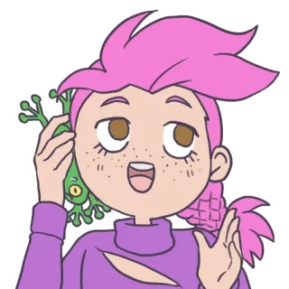 📞 dessin animé, grenouille, cheveux roses, taches de rousseur, mignon telegram sticker