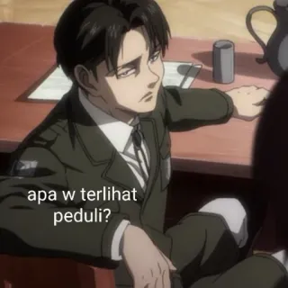 ☕ Levi Ackerman Attack on Titan apa w terlihat peduli? anime, attack on titan, levi ackerman, meme, indonesisch, caption, gleichgültigkeit whatsapp sticker