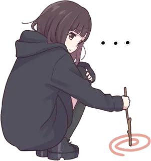 😥 anime, girl, stick, drawing, hoodie, squatting telegram sticker