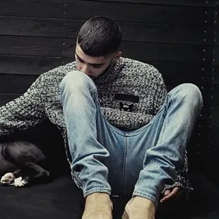 🔦 man, zitten, jeans, hond, trui telegram sticker