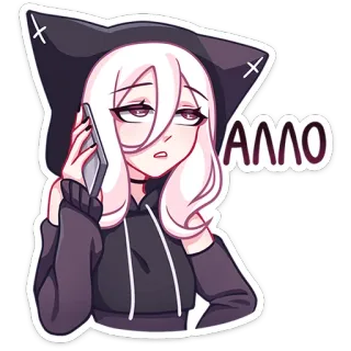 📞 АЛЛО толстовка с кошачьими ушками, девушка аниме, звонок по телефону, сленг telegram sticker