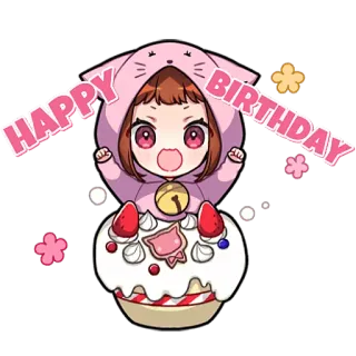 🎂 HAPPY BIRTHDAY compleanno, carino, cartone animato, torta, festa, kawaii, Ochaco Uraraka telegram sticker