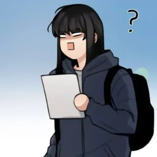 🐈‍⬛ garota anime, desenho animado, ponto de interrogação, confuso, pensando, moletom com capuz, adolescente telegram sticker