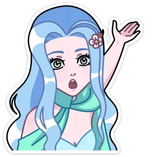 😳 женщина, мультфильм, синие волосы, персонаж, волна, цветок telegram sticker