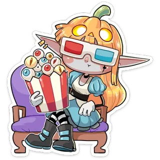 🍿 halloween, dibujos animados, pegatina, calabaza, chica, terror, palomitas, lindo, gafas 3D telegram sticker