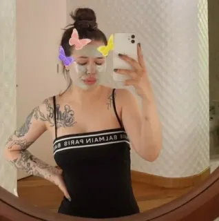 😩 woman, selfie, face mask, butterflies, reflection, mirror telegram sticker