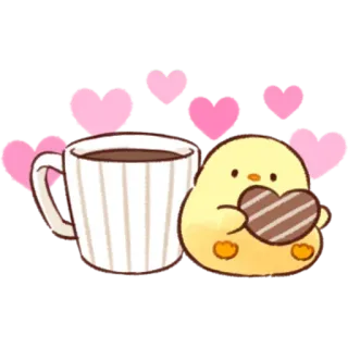 🤩 lindo, kawaii, pollito, café, corazón, amor, chocolate, comida whatsapp sticker