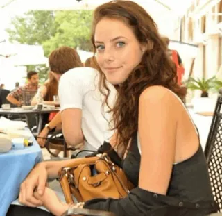 🦋 woman, portrait, sitting, casual, bag, brunette, outdoors telegram sticker