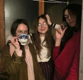 🍵 friends, women, tea, indoors, glasses, casual telegram sticker