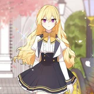 🥡 garota anime, cabelo loiro, olhos roxos, uniforme escolar, desenho animado, ilustração telegram sticker