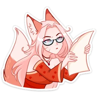 🤔 fox girl, anime, manga, glasses, character, pink hair whatsapp sticker