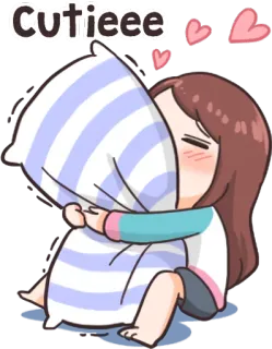 😆 Cutieee fofo, menina, almofada, abraço, corações, desenho animado telegram sticker