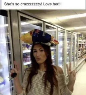 😜 She's so crazzzzzzzy! Love her!!! woman, peace sign, chips, crazy, funny, grocery store telegram sticker