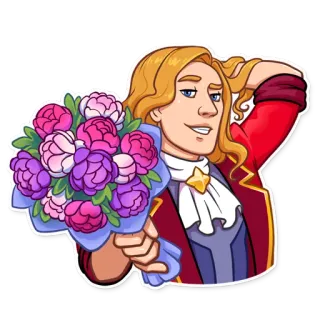 🌸 мужчина, блондин, цветы, букет, красное пальто, романтика whatsapp sticker