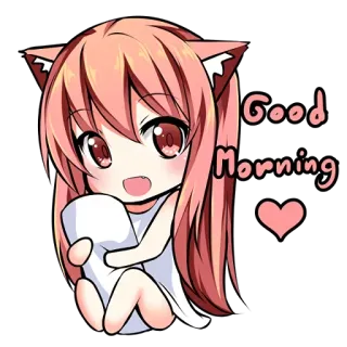 👋 Good Morning ragazza anime, orecchie da gatto, kawaii, buongiorno, cuore, chibi, carino telegram sticker