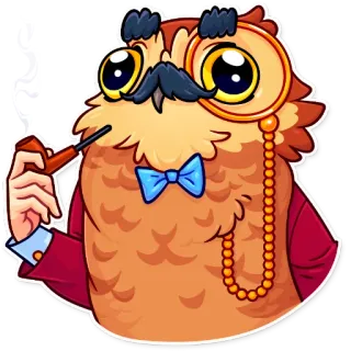 🧐 coruja, monóculo, bigode, gravata borboleta, cachimbo, desenho animado, adesivo telegram sticker