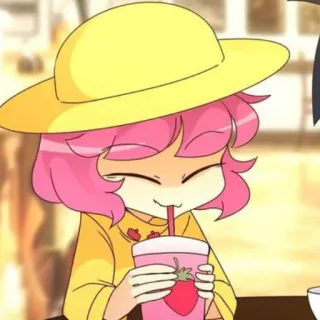 😊 dessin animé, animé, fraise, boisson, fille, cheveux roses telegram sticker