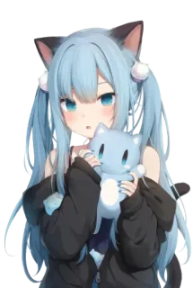 💕 Anime, Cô gái, Mèo, Tai, Xanh dương, Búp bê telegram sticker