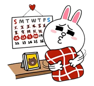 😣 SMTWTFS
* 2 3 4 5 6
8 9 10 11 12
VACATION 19
22 23 24 25 26 календарь, мультфильм, праздник, отпуск, кролик telegram sticker