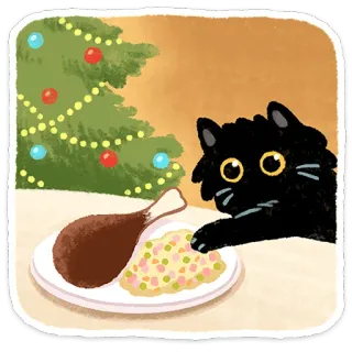🍖 mèo, giáng sinh, gà tây, bữa tối, kỳ nghỉ, dễ thương, đồ ăn whatsapp sticker