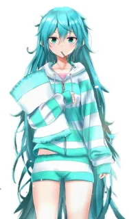 🥱 Chica anime, Personaje anime, Pelo largo, Lindo, Rayas, Aqua, Sudadera con capucha, Pantalones cortos telegram sticker