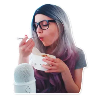 🍓 mangiare, donna, cibo, ritratto, microfono, occhiali telegram sticker