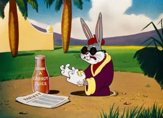 😤 Bugs Bunny GRADE A CARROT JUICE VARIETY Мультфильм, Зайчик, Морковный сок, Солнцезащитные очки, Персонаж, Газета, Смешной, Looney Tunes whatsapp sticker