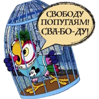 🤐 СВОБОДУ ПОПУГАЯМ! СВА-БО-ДУ! papagaio, pássaro, gaiola, liberdade, desenho animado telegram sticker