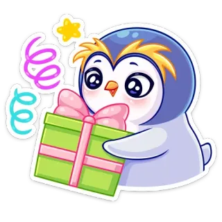 🥳 пингвин, подарок, милый, каваий, мультфильм, презент, праздник whatsapp sticker
